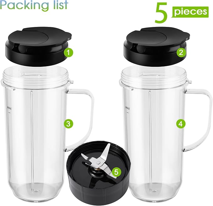 5-piece Magic Bullet Blender Cups, Tall 22oz Cup with Flip-Top To-Go Lid, Cross Blade, Blender Replacement Parts, Mug with Handle Compatible with Magic Bullet 250w MB1001
