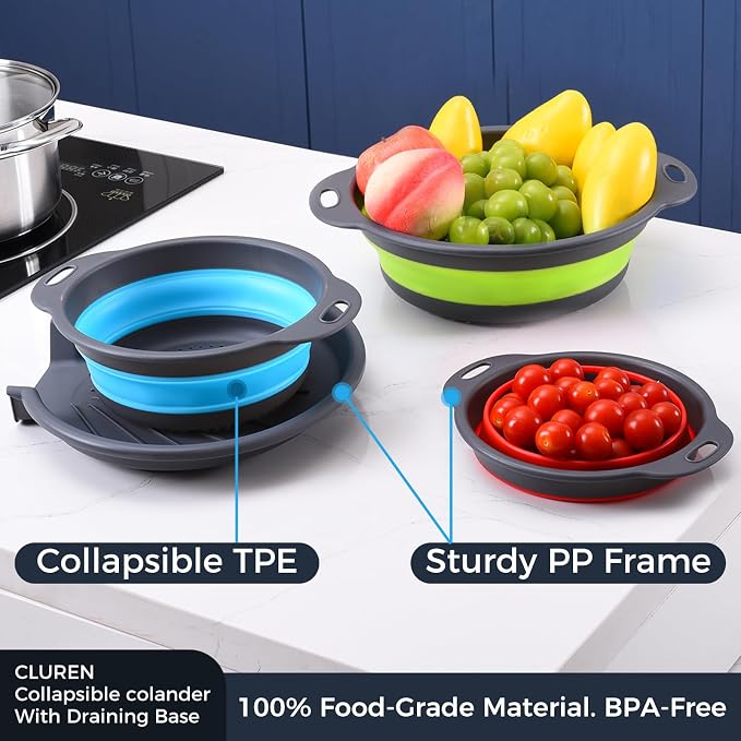 Collapsible Colander Set with Oversized Draining Tray | 3-Pack Foldable Kitchen Strainers + Base | Space Saving for Pasta, Veggies, Fruit & Rice | 5 Colors (Gray-Blue-Red-Green)