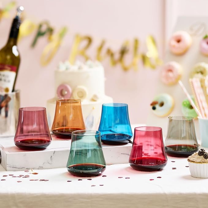 Colored Stemless Wine Glasses, 15oz Set of 6 | 6 Colorful No Stem Tumblers, Hand Blown Lead-Free Crystal, Stable Base, Party Wedding Dinner Daily Use, Ready to Gift