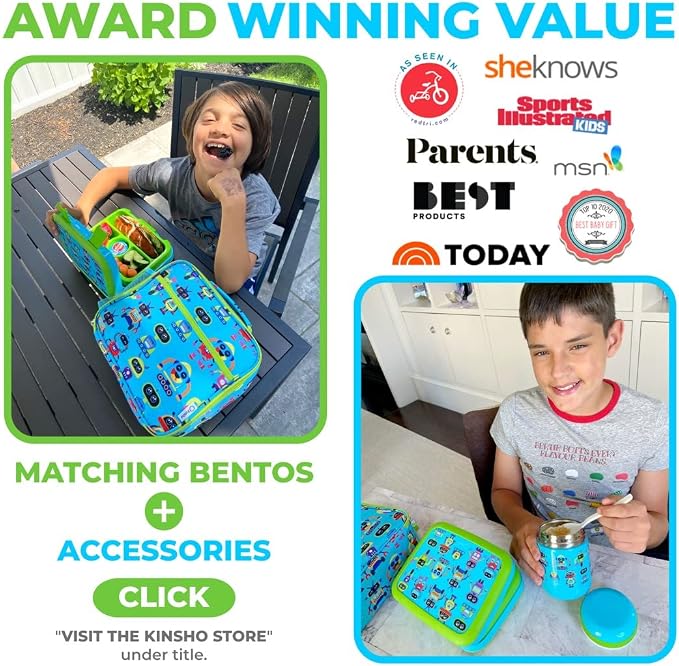 kinsho kids Bento Lunch Box Set with Thermo, Bag & Ice Pack, Green Robot | 4 Compartments, Removable Tray, Small Meal Snack Container for Boys Toddlers, Daycare & Pre-School, Steel Food Jar