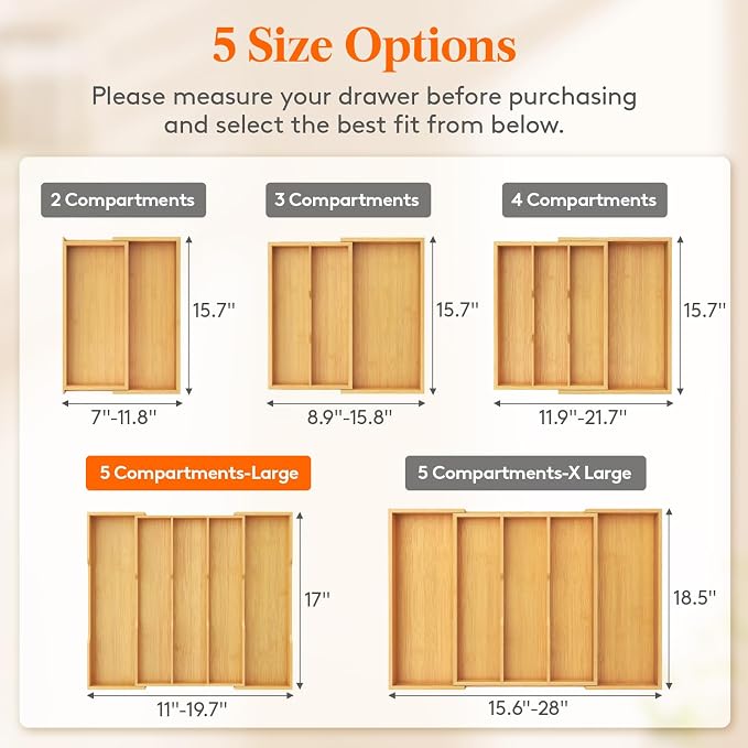 Lifewit Utensil Drawer Organizer, Expandable Kitchen Tool Tray | Wood Adjustable Flatware and Spatula Storage Divider, 11-19.7 x 17 x 1.8“, Natural