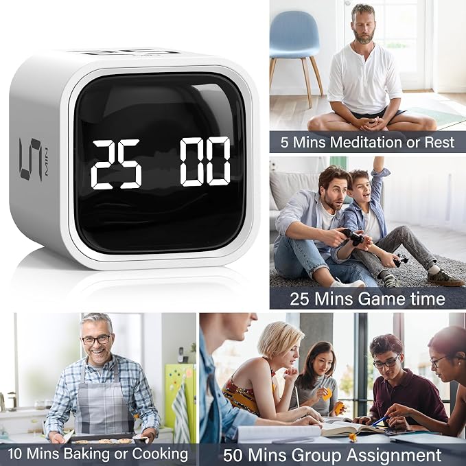 Rotating Pomodoro Timer 5/25/10/50, Desk Productivity Timer for ADHD, White | Countdown/Stopwatch Cube Timer, Vibration/High/Low Volume/Custom Modes, for Work Study, Back to School, Kitchen