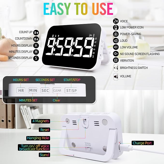 Kitchen Timer for Cooking, Rechargeable Digital Magnetic Timer with Large LED Display, Loud Alarm, Sound Countdown, 4 Volume Levels and 3 Brightness for Classroom, Study (White)
