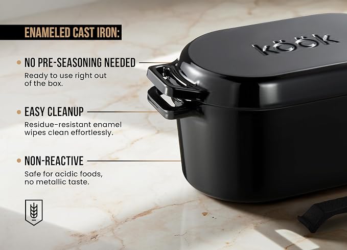 KooK Oval Dutch Oven, for Bread Baking, Sourdough Loaf Pan, with Lid, Dual Handles, Enameled Cast Iron, includes Lid Lever, Dishwasher Safe, 3.4 Qt, Black