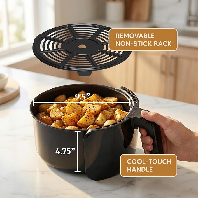Elite Gourmet EAF5317D 5.3Qt Air Fryer, PFOA/PTFE Free, 1350W, Black | Digital, 7 Menu Functions, Oil-Less Healthy Hot-Air Cooking, Timer & Temperature Controls