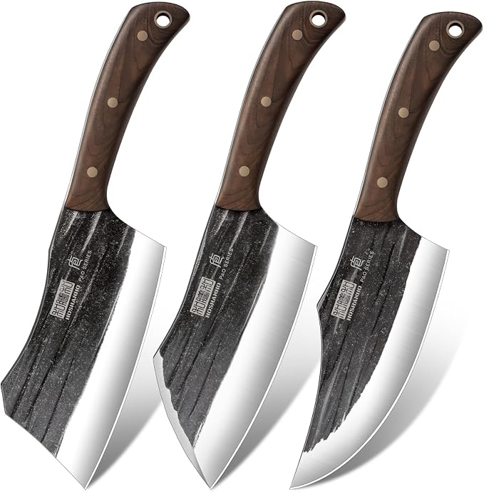 HOSHANHO Butcher Knife Set, 3PCS Knife Set of Bone & Cleaver & Viking Knife | High Carbon Steel Serbian Chef Knife Set of Heavy Duty Chopping Knife for Home, Cooking, Outdoor Camping BBQ