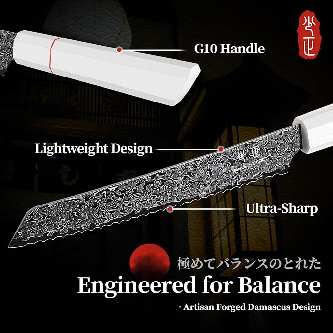 DRGSKL Damascus Serrated Bread Knife - Slicer Knives with Wide Wavy Edge | Japanese VG10 Core, Black Anti-corrosion Coating, Damascus Blade, G10 Handle, Gift Box, Wet Edge Grinding Technology