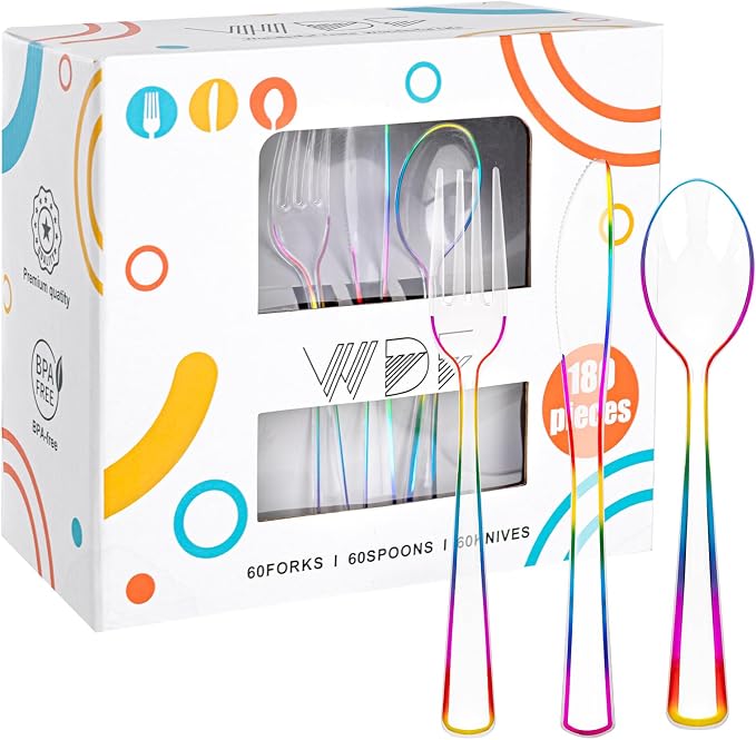 180 PCS Rainbow Plastic Silverware - Clear Colorful Cutlery Disposable Heavy Duty Include 60 Forks, 60 Knives and 60 Spoons - Colorful Disposable Utensils for Trolls Party/Birthday Party