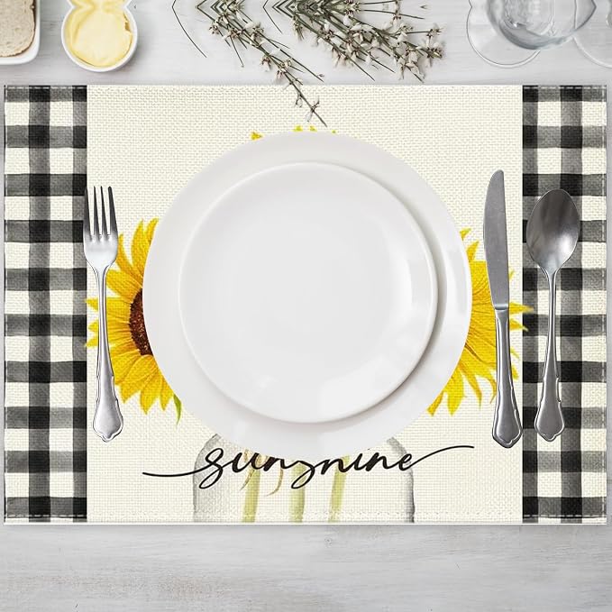 Sunflower Placemats Set of 6, 12x18 Inch Sunshine Vase Summer Spring Table Mats for Holiday Party Kitchen Dining Room Decoration