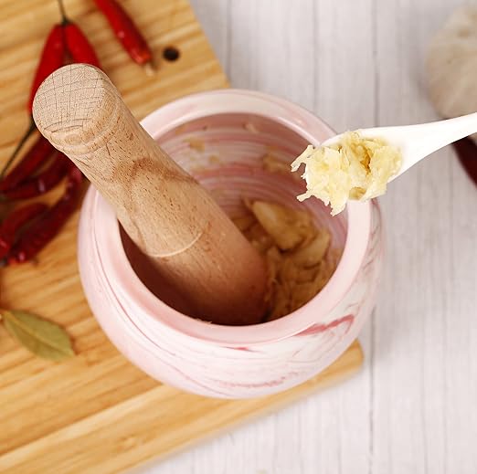 Mortar and Pestle Set- Ceramic Kitchen Mortar and Pestle for Spices, Herbs & More- Durable Mortar with Anti-Slip Base and Sturdy Wooden Pestle with Finest Grinding Ability- 2.6 Cups Capacity