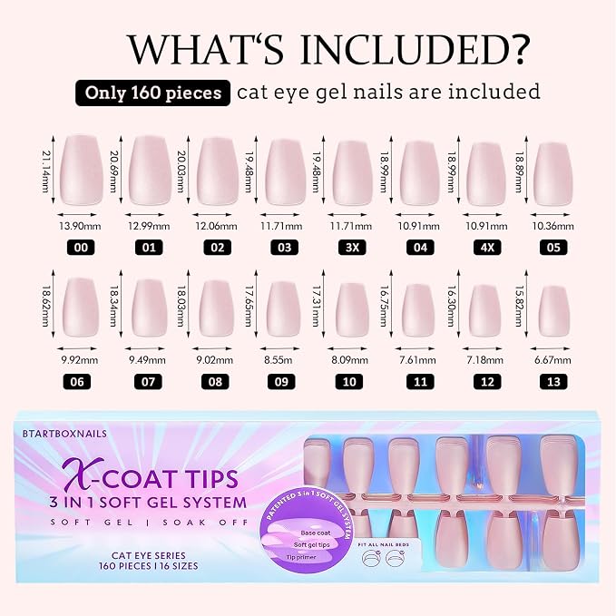 BTArtboxnails XCOATTIPS Cat Eye Press On Nails, Short Coffin, Bling Baby | Lamp-Curable 4-Week Wear, Salon Quality Value at Home, Natural Nail Look, Easy-to-Apply for Beginners, 1606ct Nail Tips Only