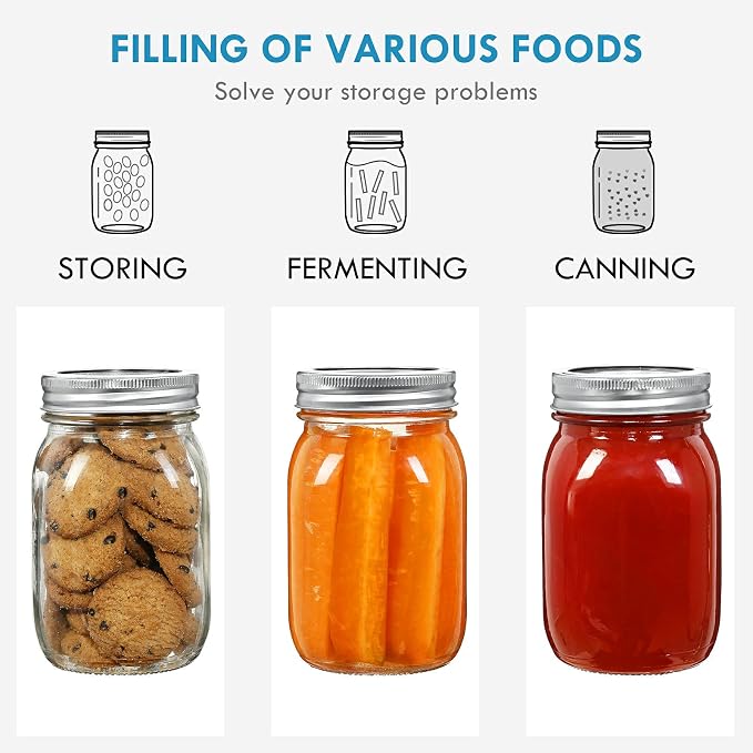 YEBODA 16 oz Wide Mouth Mason Jars with Lids, Glass Canning Jars, 12 Pack | Clear glass quart jars with two-piece lids and bands for canning, pickling, meal prep, overnight oats, and pantry storage.