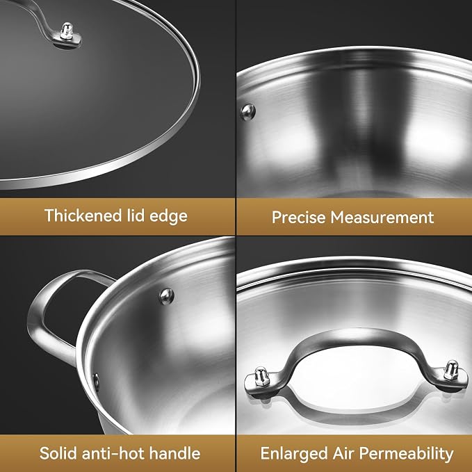 LOLYKITCH 4-Quart Stainless Steel Kadai with Lid | 12-Inch Hotpot Pot | Tri-Ply Stainless Steel Saute Pan | Everyday Pan | Induction Indian Cooking Pan | Dishwasher and Oven Safe | 3-4 Servings