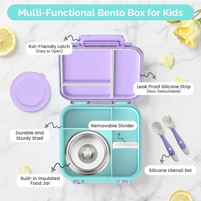 Kids Bento Lunch Box with Soup Thermo (9oz)– Hot & Cold Lunch Container with Leak Proof Insulated Food Jar for School Girls Boys, Ideal Size for Ages 3 to 7, Purple/Blue