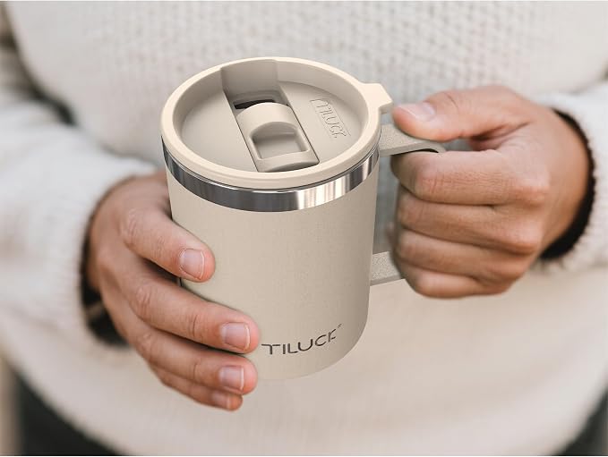 TILUCK 12 oz Insulated Coffee Mug with Lid and Handle | BPA-Free Lid, Double-Wall Vacuum Insulation, Stainless Steel Coffee Cup, Dishwasher Safe Mug for Hot & Cold Drinks, MistyGray