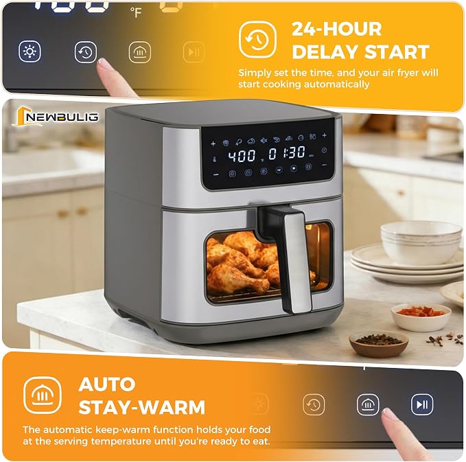 NEWBULIG Air Fryer 6.34QT Airfryer with Visible Window 400℉ Fast Heating Stainless Steel Air Fryers Oven with Nonstick and Dishwasher-Safe Basket 8-in-1 Cooking Preset with Timer Auto-Off