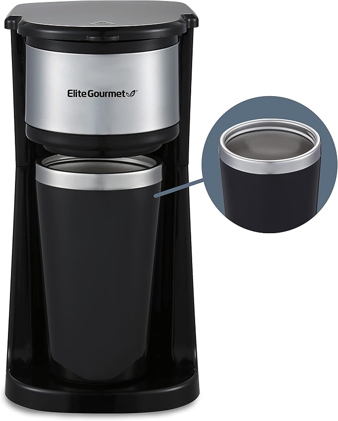 Elite Gourmet EHC-112B Personal Single-Serve Compact Coffee Maker, Black | Includes 14oz stainless steel interior thermal travel mug, reusable filter - compatible with coffee grounds
