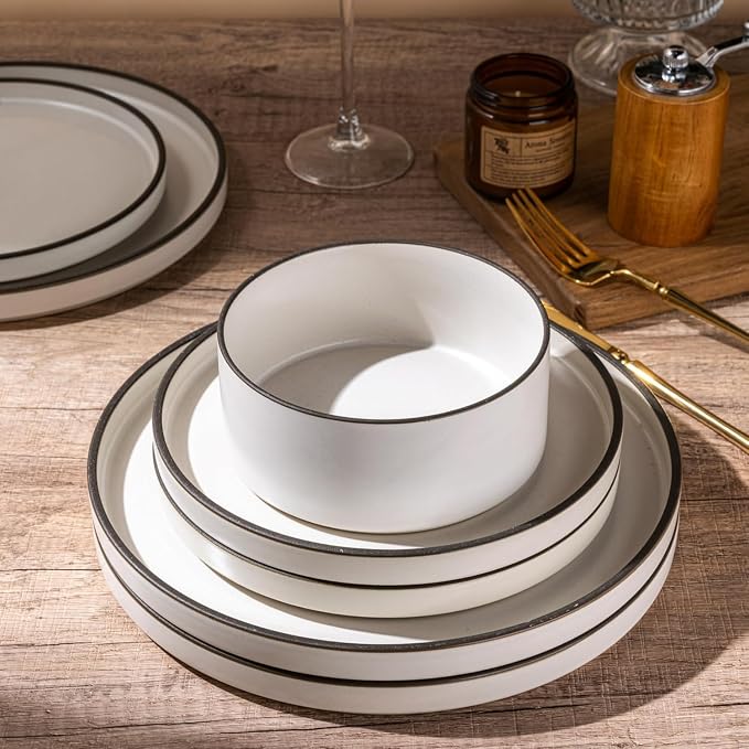 LERATIO Stoneware Dinnerware Sets for 4,12-Piece Matte Plates and Bowls Set | Handmade High Edge Rim Dish Set,Oven & Microwave,Dishwasher Safe,Scratch Resistant-Creamly White