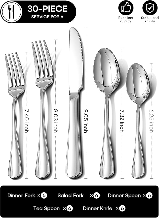 Silverware Set, 30-Piece Flatware Set for 6 Include Forks Spoons Knives Stainless Steel Utensil Set, Mirror Polished Dishwasher Safe Tableware Cutlery Set for Home, Restaurant, Party, Wedding