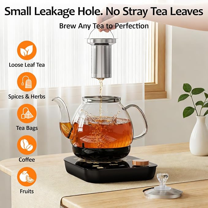 HHT Electric Tea Maker with Infuser, ±1℉ Precise Temperature Control, Glass Electric Kettle for Herbal,Flowers,Fruit Tea and Loose Leaf,BPA-Free,Auto Shut-Off,Brewing Program,Keep Warm,0.8L