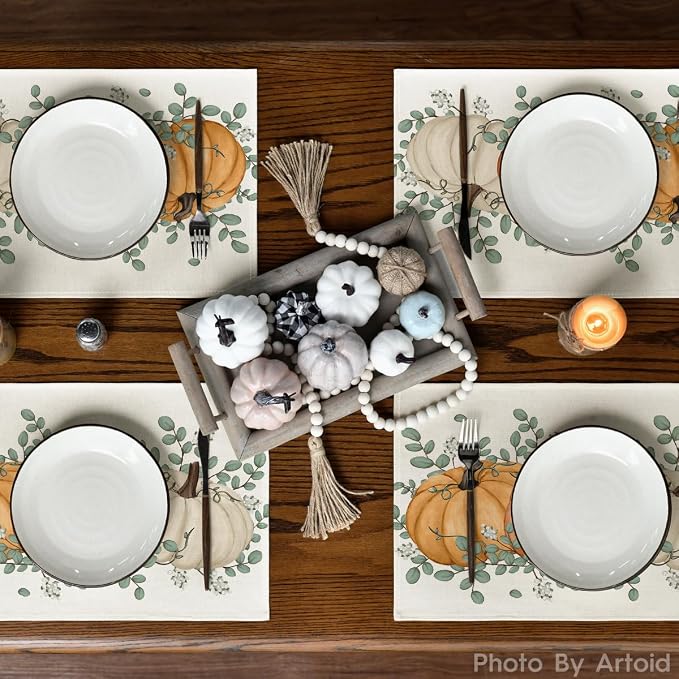 Artoid Mode Orange Pumpkins Eucalyptus Leaves Fall Placemats Set of 4, 12x18 Inch Autumn Thanksgiving Holiday Table Mats for Party Kitchen Dining Decor | Heat-Resistant Table Mats, Washable Seasonal Autumn Kitchen Dining Decor