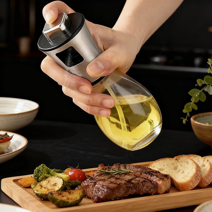 Oil Sprayer for Cooking - Olive & Avocado Oil Spray Bottle, Food Grade Glass Mister with Adjustable Nozzle, 2-in-1 Dispenser for Kitchen, BBQ, Baking