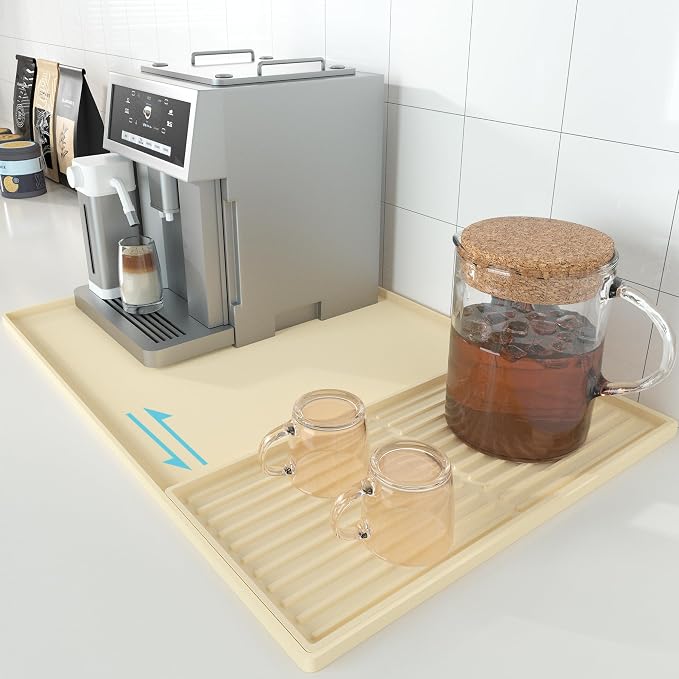 Golener Coffee Bar Mat Set, Silicone Coffee Mat with Raised Edges, 24"x16" | Coffee Mat for Countertop, Waterproof Coffee Station Mat, Dish Drying Mat Under Rack, Heat Resistant Coffee Machine Mat,Beige