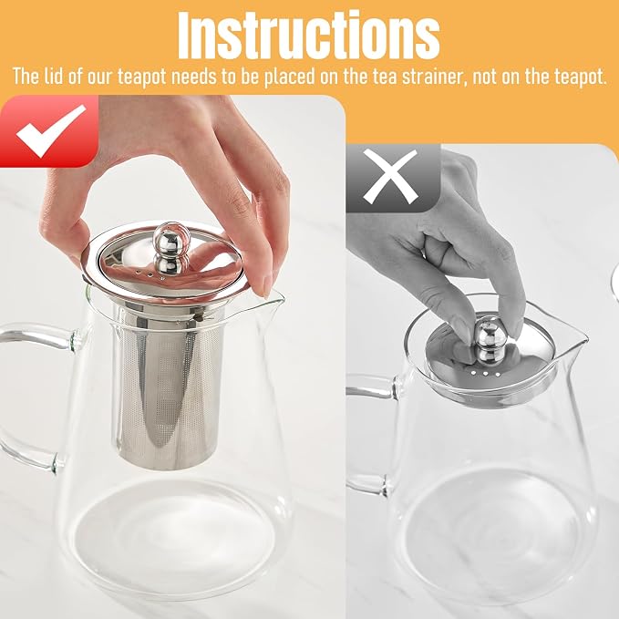 Baalaka Tea Infuser Pot, 32 oz Clear Borosilicate Glass Kettle, Stovetop | Removable 18/8 stainless steel strainer handles loose leaf, fruit or herbal blends; wide mouth and angled spout ease use