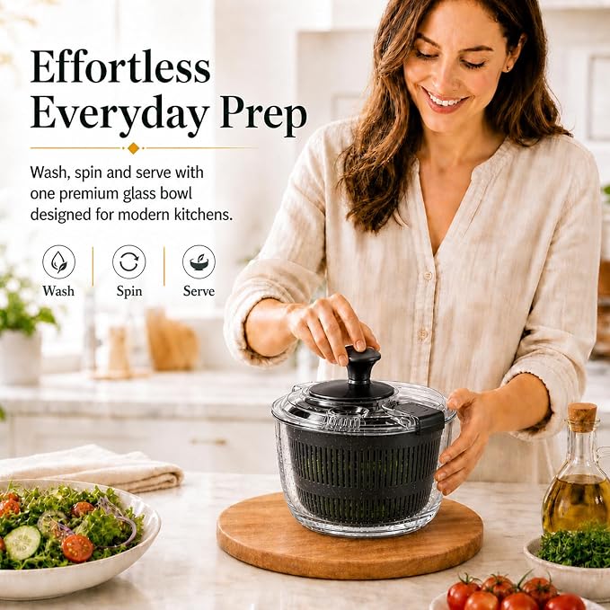 Glass Salad Spinner 3.2 Qt, Small Salad Spinner, Glass Bowl, Black | Removable Lid, Storage Lid, Dishwasher-Safe Glass Bowl, Fruit & Vegetable Washer Dryer, Drain Spout, Crank Handle