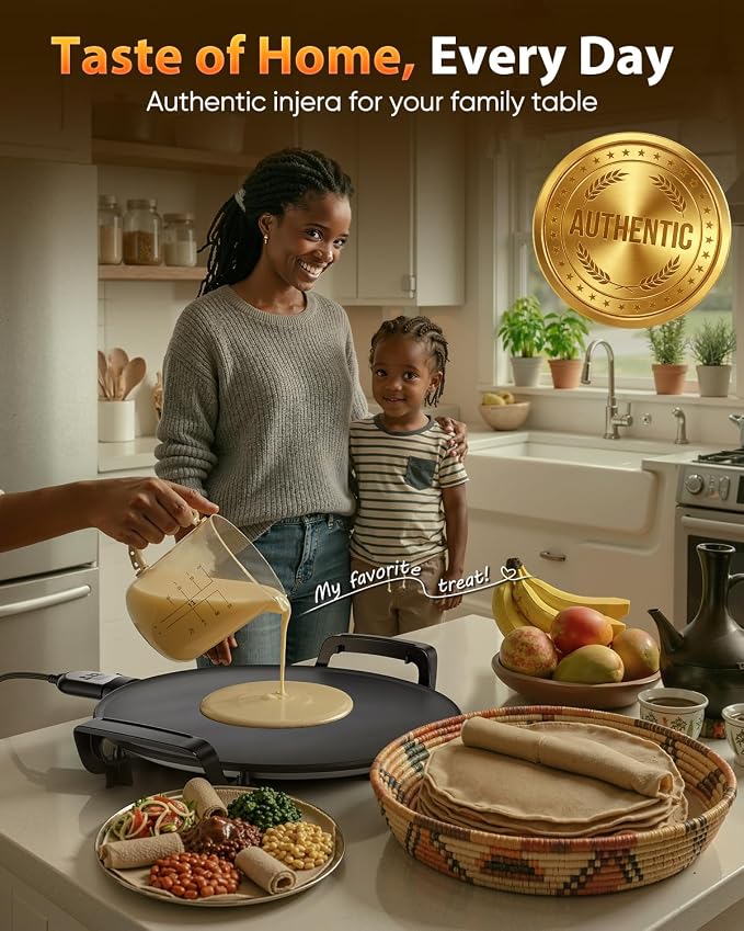 Ethiopian 18.5" Injera Maker Mitad (Mogogo), Electric Griddle with Adjustable Temperature & Time, Non-Stick Surface for Norwegian Lefse, Swedish Pancake, Indian Dosa, Digital Handle