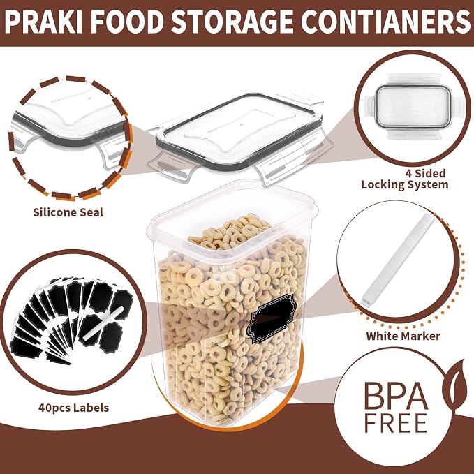 PRAKI Airtight Food Storage Containers Set with Lids - 24 PCS, BPA Free | Multiple Sizes Cereal Containers Storage Set, Pantry Organizers and Storage for Cereal Flour & Sugar - Labels & Marker (Grey)