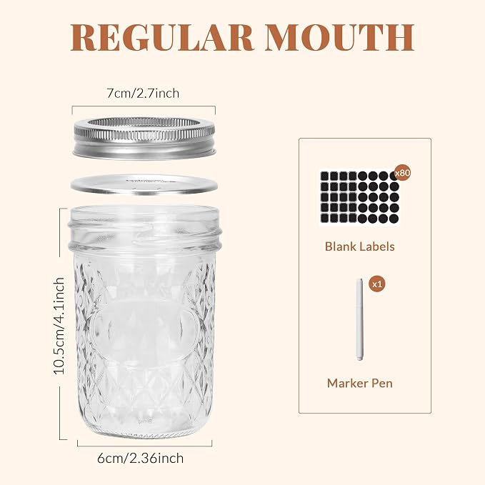 CycleMore Mason Jars 8 oz, 24 Pack Half Pint Canning Jars with Split Lids | Crystal Body, AirTight, BPA Free, Glass Canisters Ideal for Fermenting, Jam, Honey, Pickling, Wedding Favors, DIY Decors