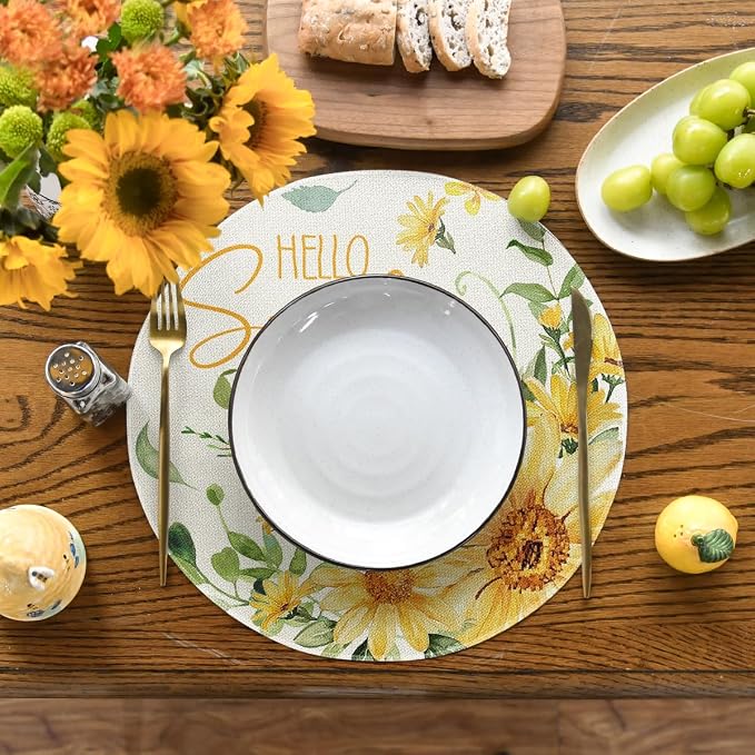 Artoid Mode Hello Sunshine Sunflower Round Summer Placemats Set of 4, 14 Inch Spring Round Table Mats for Dining Decoration