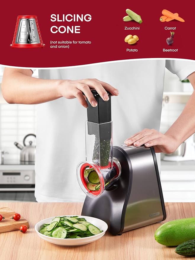 FOHERE Electric Cheese Grater Salad Maker, Electric Slicer Shredder for Home Kitchen Use, One-Touch Easy Control, Electric Grater for Vegetables, Cheeses and Nuts, BPA-Free, Red | Home Kitchen Use, One-Touch Easy Control, Electric Grater for Vegetables...