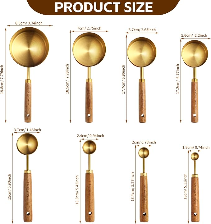 Gold Measuring Cups and Spoons Set,8 Piece Premium Stainless Steel Measuring Cups with Wood Handles,4 Stackable Wooden Measuring Cups and 4 Measuring Spoons Set for Baking Supplies in the Kitchen