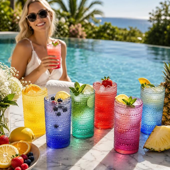 Khen Plastic Hobnail Drinking Highball Glasses Set of 6 Bright Tones Cups 14oz, Shatterproof & Unbreakable Acrylic Beaded Design, BPA-Free, Dishwasher Safe Indoor/Outdoor Drinkware Water, Cocktails