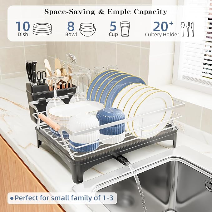Dish Drying Rack,Space Saving Dish Drainer for Kitchen Counter& Sink,Silver | Rustproof,Riser Feet,Wooden Handle,Cup Holder & Knife Slots,Expandable Spout,Auto-Drainage System,Sink Storage Organizer