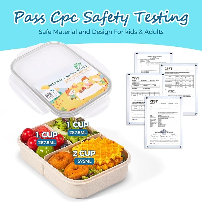 MISS BIG® Bento Lunch Box for Kids, 1150ml, 3 Compartments, White | White kids bento lunch box for school meals, daycare snacks, light lunch portions, picnic, and travel.