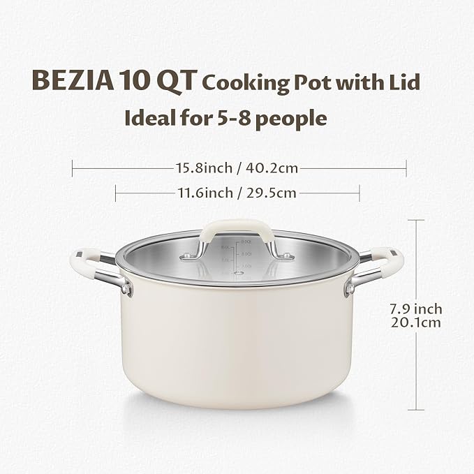 BEZIA 10QT Fully Clad 3-Ply Stainless Steel Stock Pot with Lid, Cooking Pot | Cool-Touch Silicone Handles, Premium Heat Retention & Durability, Oven & Dishwasher Safe, Induction Ready, for Batch Cooking