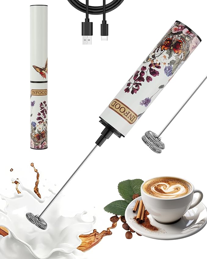 INFOOD Rechargeable Milk Frother with Cover, 2-Speed, 2 Whisks, Floral | Stainless Steel Body and 2 Detachable Whisks, Floral Design, for Lattes, Cappuccinos, Hot Chocolate, and Egg Whites