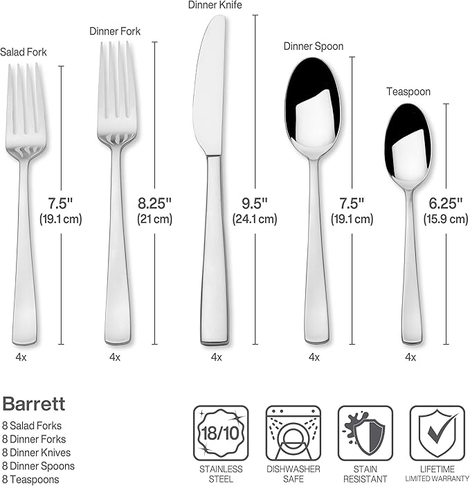 Mikasa Barrett 45-Piece Flatware Set, 18/10 Stainless Steel Silverware Set, Service for 8, Minimalist Square-Tip Handles, Dishwasher Safe