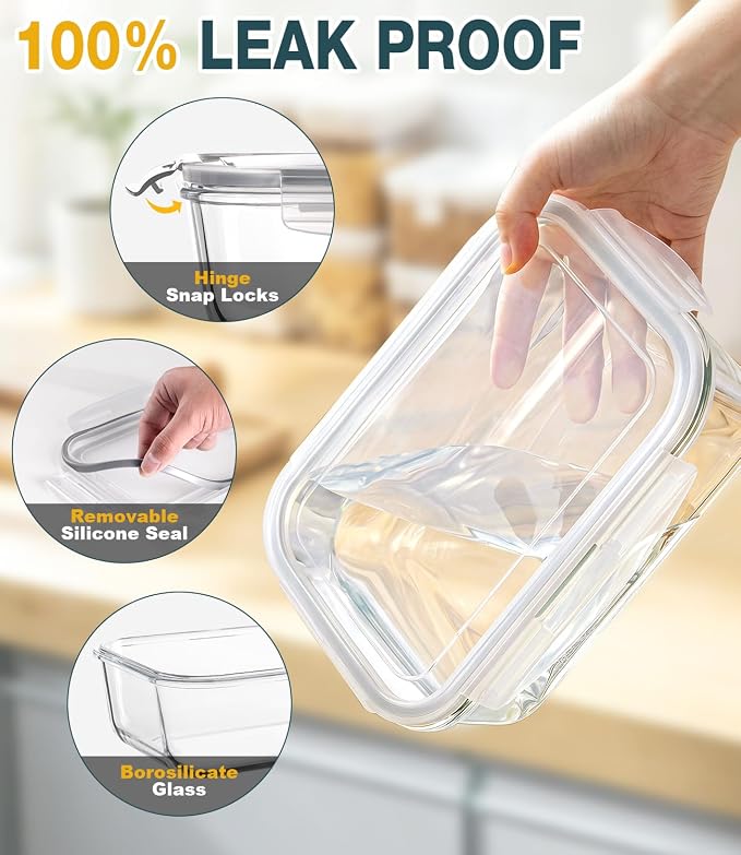 Large Glass Food Storage Containers with Lids, 4 Pack, 63oz & 22oz | Glass Meal Prep Containers for Family Meal, Leftovers, Lunch, Microwave, Oven, Freezer, Dishwasher, Airtight & Leak-Proof