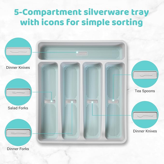 5-Compartment Silverware Organizer Tray with Icons for Kitchen Drawer | Non-slip TPR Linings，5-Compartment，High-quality Plastic，Fits Well In Standard Drawers，With Cutlery Icons