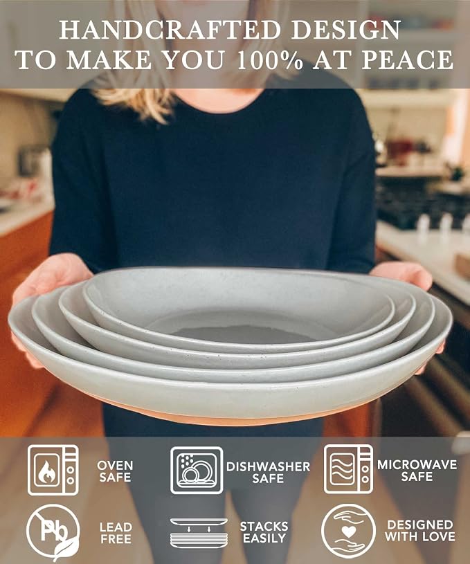 MORA Ceramic Large Serving Bowls- Set of 2 Oval Platters for Entertaining. Modern Kitchen Dishes for Dinner, Fruit, Salad, Turkey, etc. Oven and Dishwasher Safe, 110/80 oz, 16" / 14.6" - Earl Grey