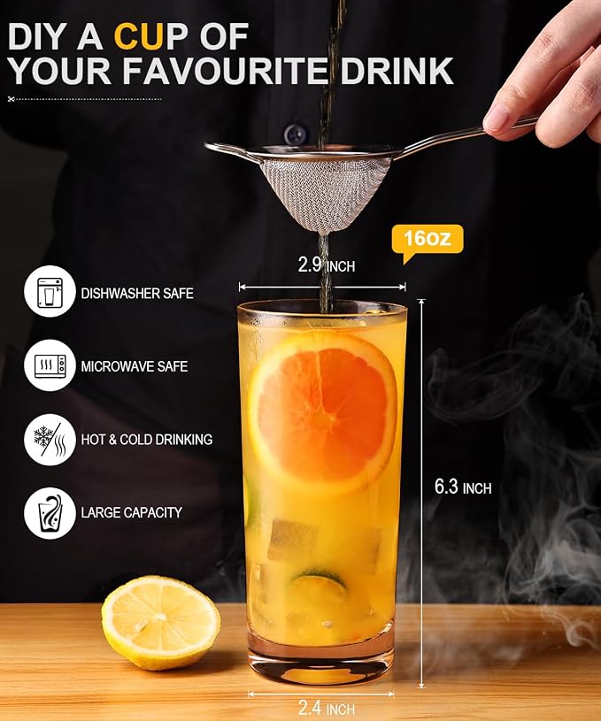 Drinking Water Glass Cups Set,Crystal Highball Glasses cups set of 8,16oz | Wide Mouth Design Tall Glassware for Cocktail Parties, Family Dinners