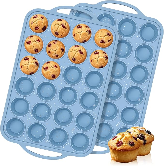 Mini Muffin Pan, Metal Reinforced Frame Cupcake Pans 24-Cup Silicone Molds | 2 Pack, BPA Free, Nonstick, Oven Dishwasher Safe, Food-Grade Silicone, Heat-resistant: -104°F to 446°F, Easy Release & Clean