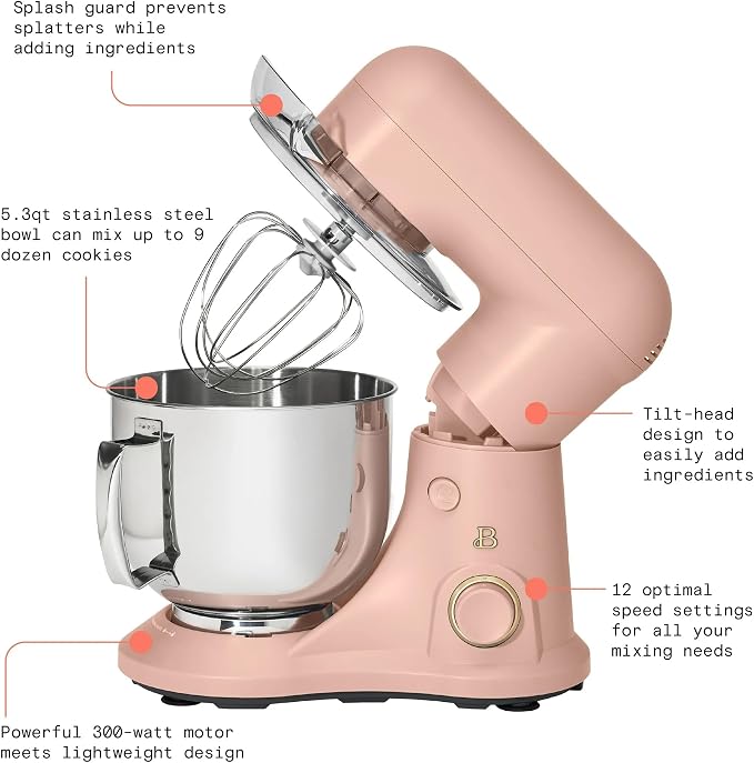 5.3 Qt Stand Mixer, 300W Electric Kitchen Mixer with 12 Speeds, Tilt Head Design, Stainless Steel Bowl, Dough Hook Whisk Beater Splash Guard (Rose)