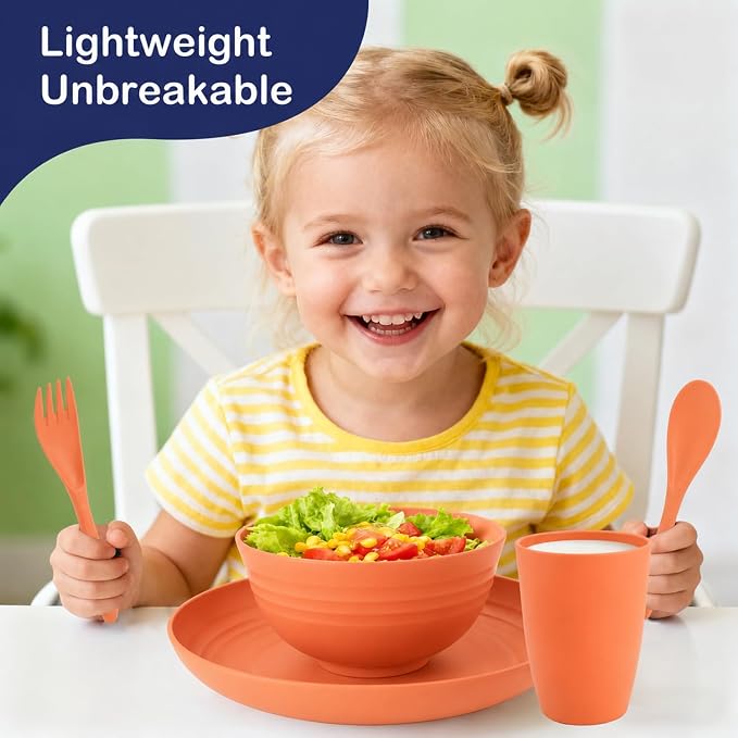 Kids Wheat Straw Dinnerware Sets for 4, 20 Piece Unbreakable Dinnerware Set, Plates and Bowls Sets, Kitchen Plates and Bowls Set, Lightweight Dish Set for Picnic, Camping, and Daily - Orange