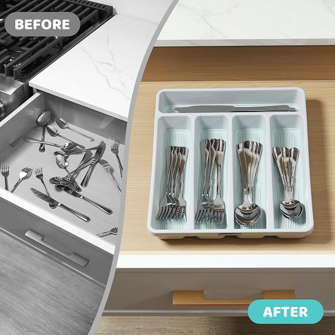 5-Compartment Silverware Organizer Tray with Icons for Kitchen Drawer | Non-slip TPR Linings，5-Compartment，High-quality Plastic，Fits Well In Standard Drawers，With Cutlery Icons