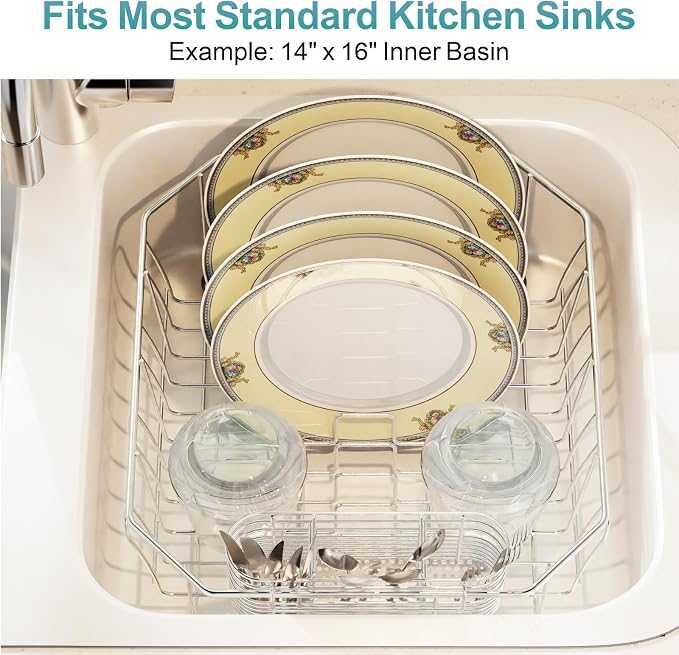 Small in Sink Dish Drying Rack - Stainless Steel for RV Kitchen | Compact Design, Rust-Resistant, Angled Corners Fit Square & Round Sinks, Removable Utensil Holder, Cup Hooks, 13.1"W x 14.4"L